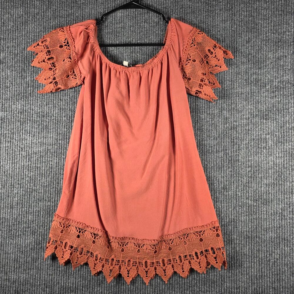 Iris Rust Boho Tunic Dress Crochet Lace Trim Off Shoulder Womens S